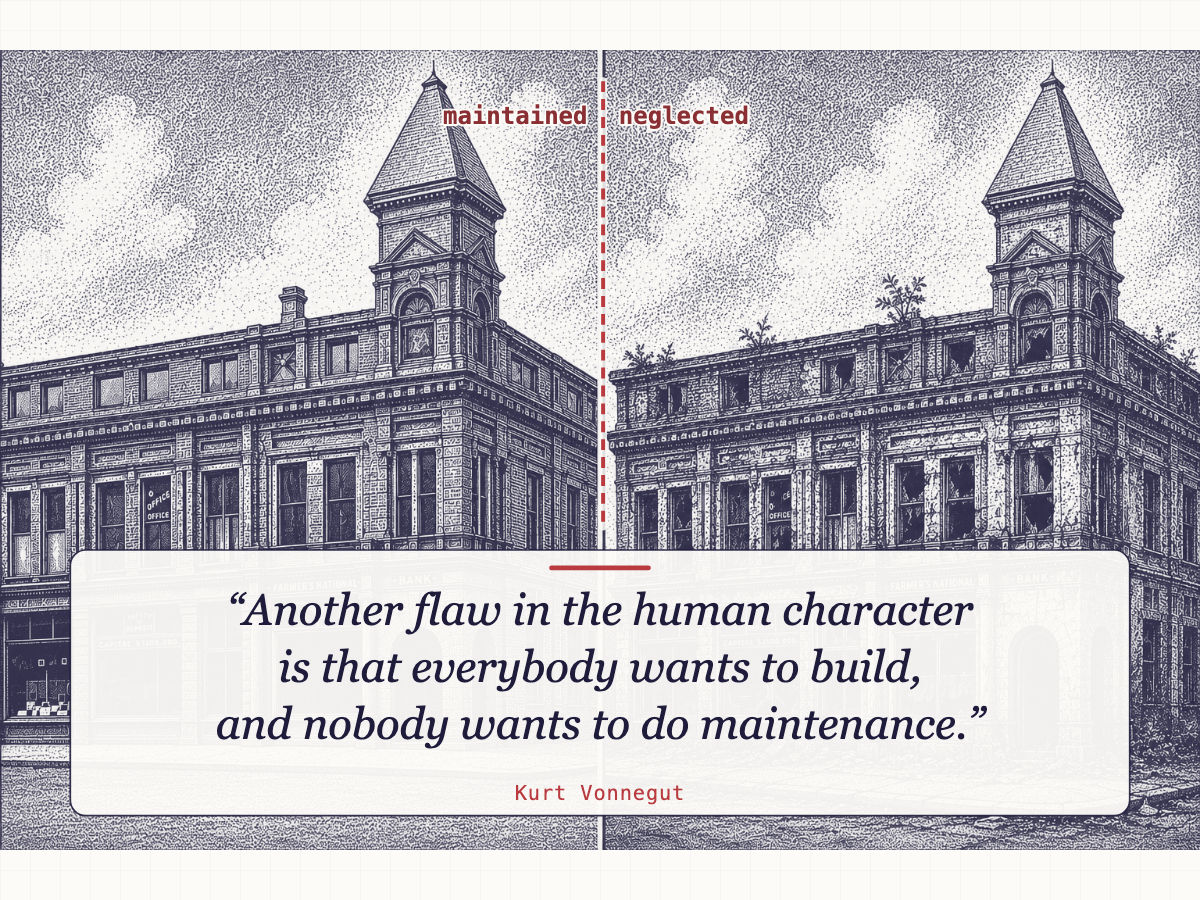 Two engraved drawings of the same bank building side by side, one maintained and one neglected, over the words: Another flaw in the human character is that everybody wants to build, and nobody wants to do maintenance. Kurt Vonnegut.
